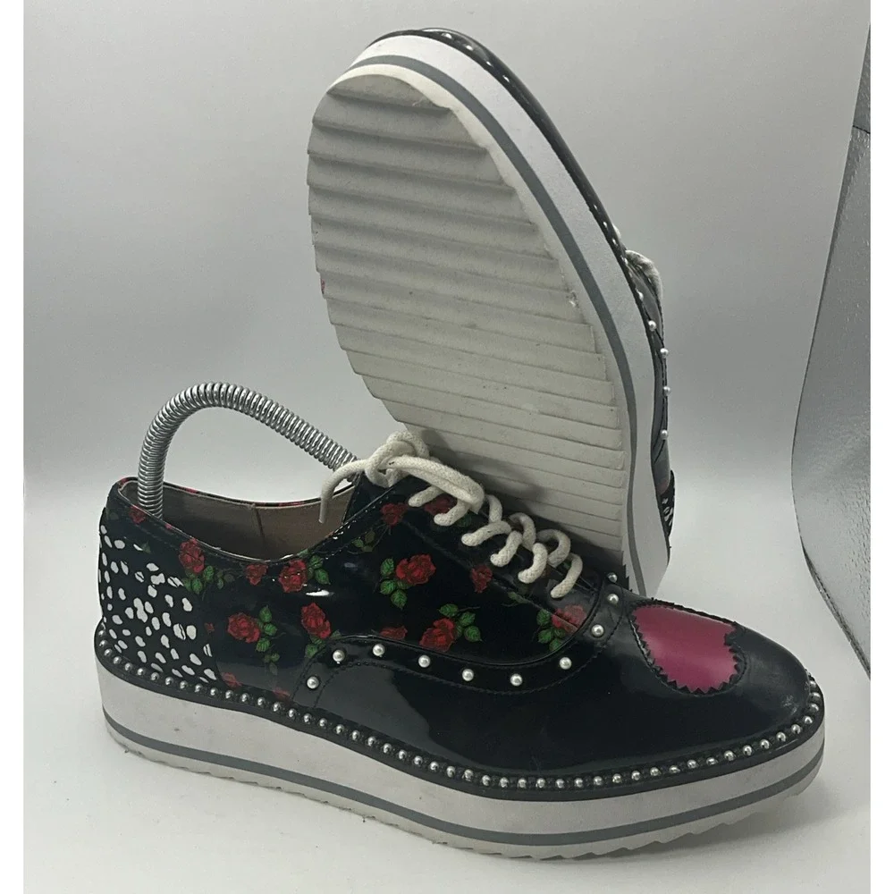 Betsey Johnson Marti Platform Oxford Shoes 7.5 Patent Leather Punk Pearls Hearts